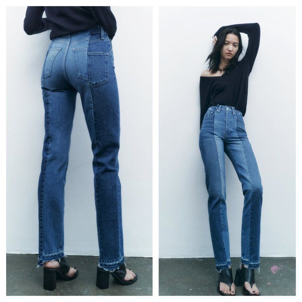 ZARA CONTRASTING CROPPED STRAIGHT JEANS - Picture 4 of 5